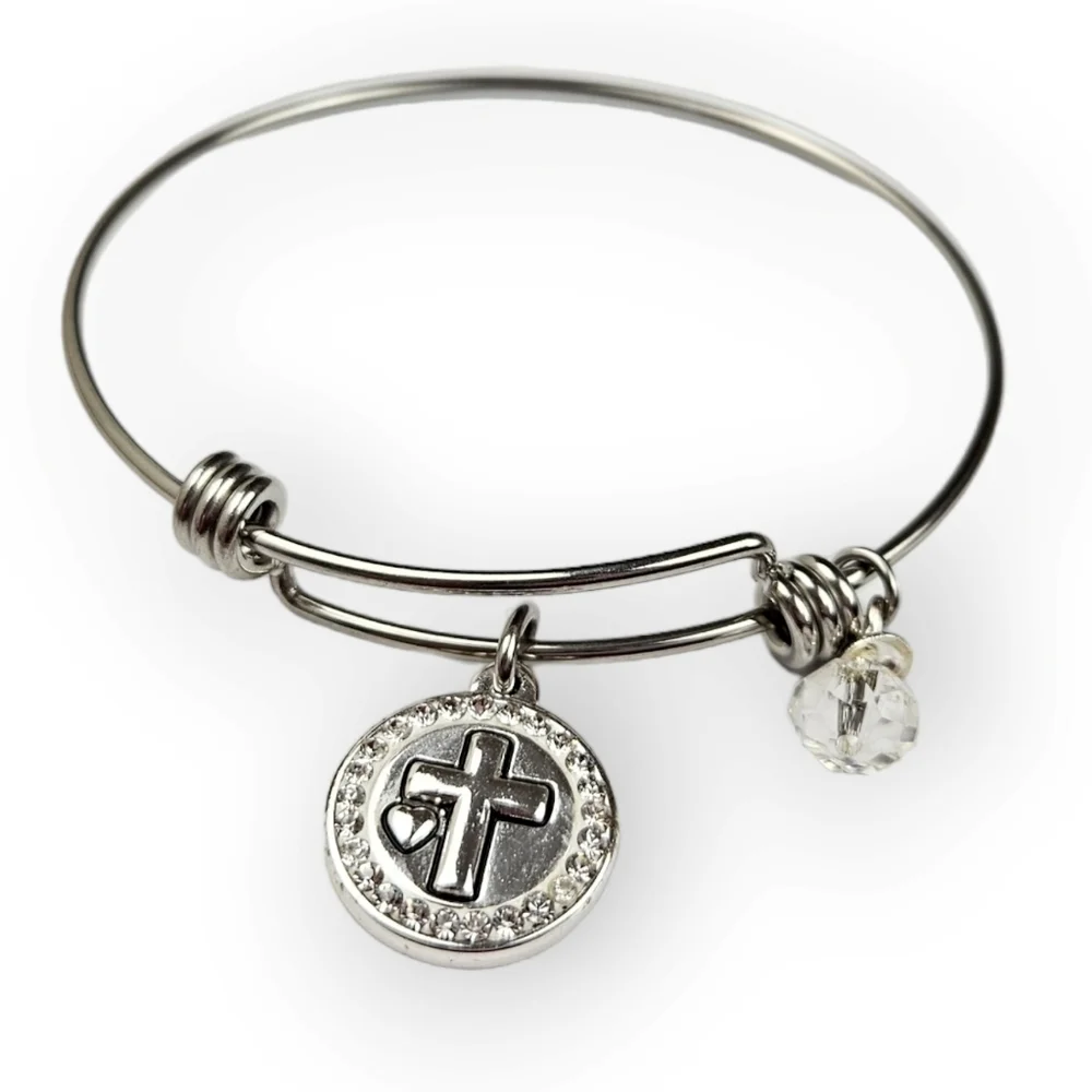 Christian Charm Bangle Bracelet Rhinestone Cross Faith Hope Love Silver Tone